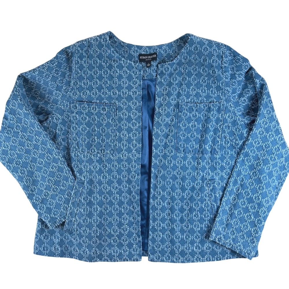 Susan Graver Jeans Blue Blazer Jacket Womens Large Textured Diamond Open Front